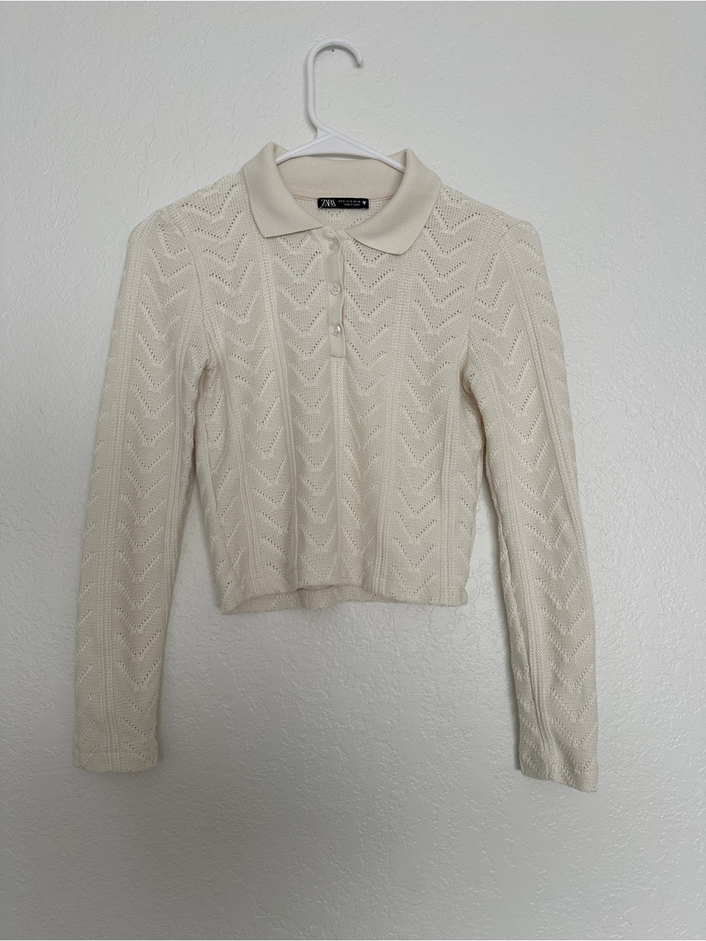 Zara Knit Ivory Openwork Polo Sweater S